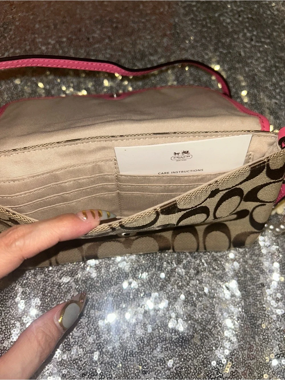 Coach Brown Signature Canvas Wristlet with Pink Trim